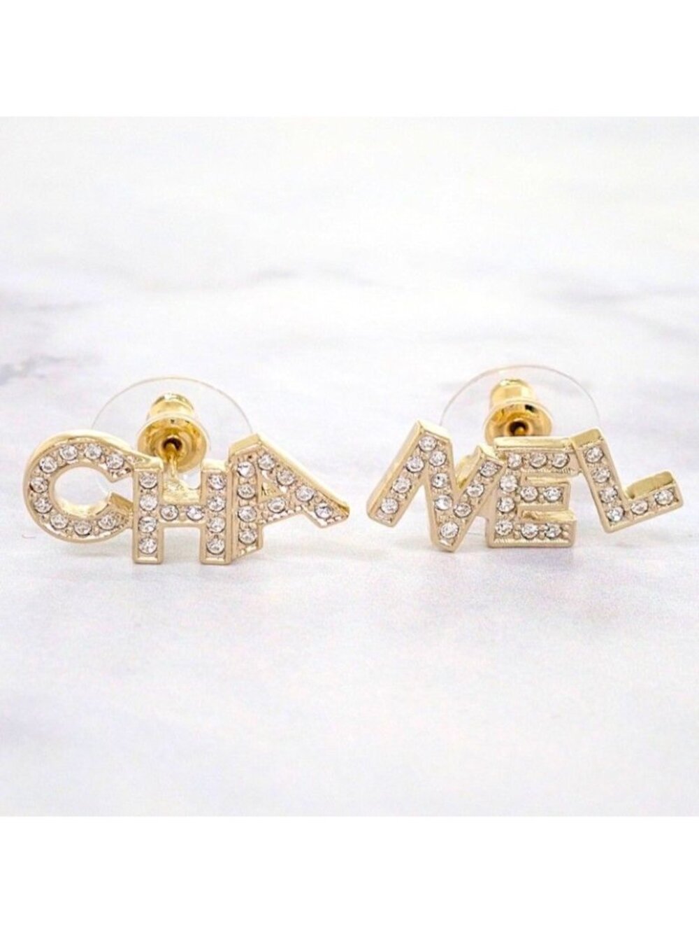 Chanel Alphabet Logo Stamp Earrings Metal Crystal Gold